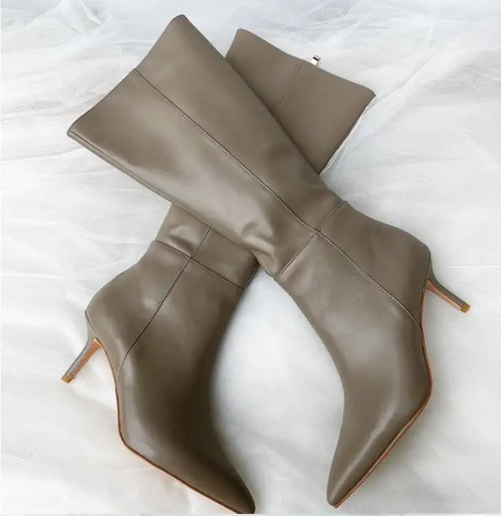 2021 Spring Autumn Earth Color Genuine Cowleather Pointed Toe Boots Thin High Heel Side Zipper Fashion Trim Leg Boots