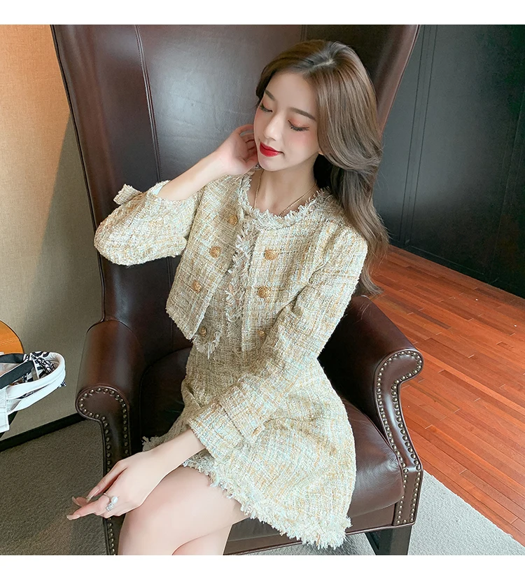 2021 Mới Thu Nhỏ Hương Thơm Tweed 2 Bộ Phụ Nữ Thanh Lịch Ngắn Áo Khoác Áo Khoác + Bể Mini Tua Rua Len Pha đầm Phù Hợp Với