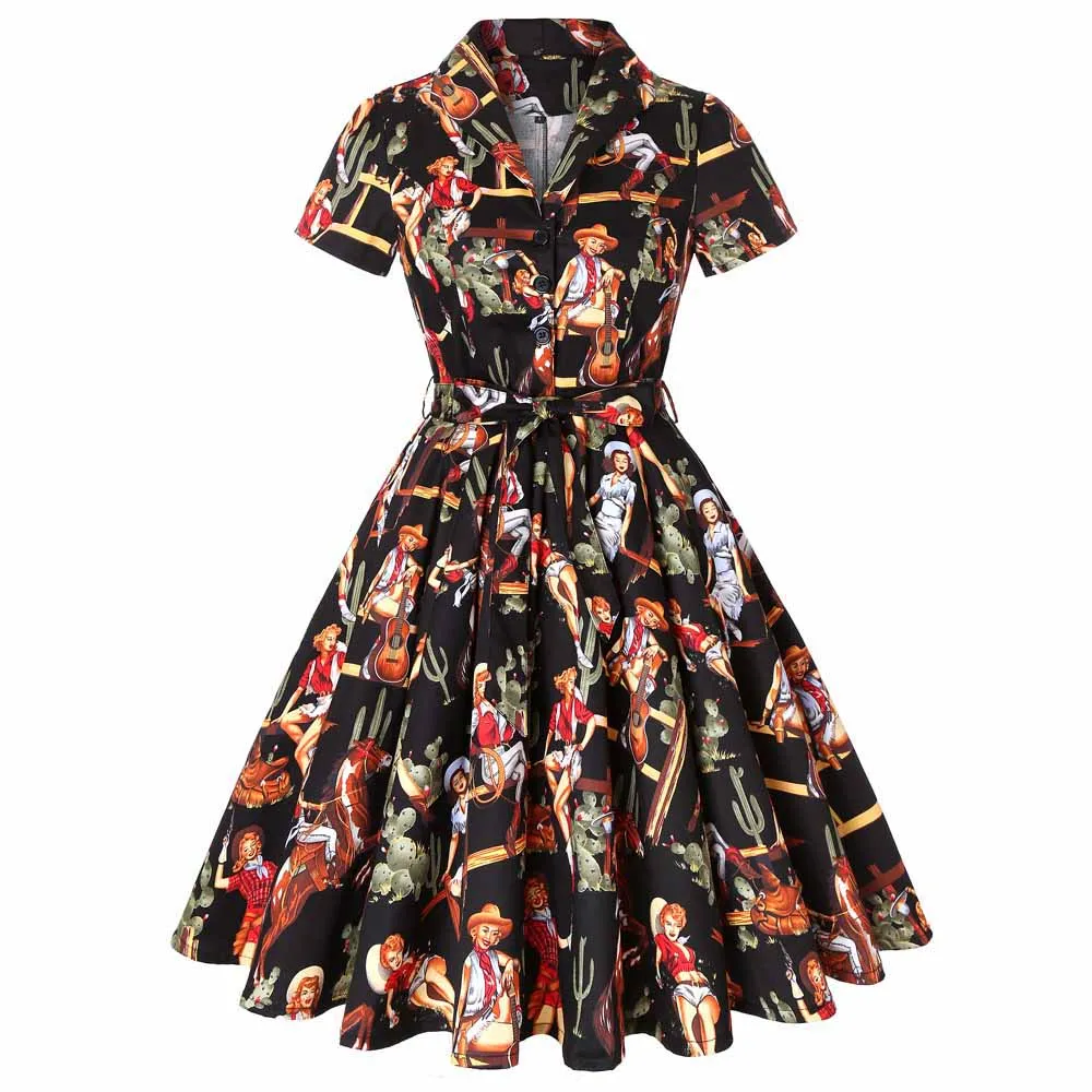 Imagem -06 - Verão Algodão Retro Rockabilly Vestido Vintage Sd0002 Preto com Cowgirl Imprimir Mulheres de Manga Curta Vestido de Verão 50s 60s Robe Femme