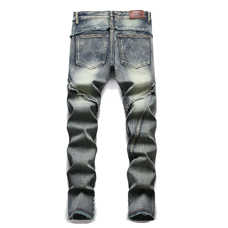 Mcikkny Mens Vintage Ripped Jeans With Multi Pockets Washed Motorcycle Denim Trousers For Male Patchwork