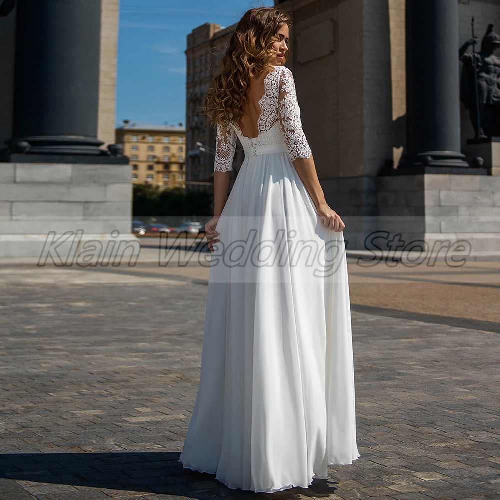 Robe de mariée classique A-ligne en mousseline de soie avec corset pour dames, dentelle Scoop et appliques, longueur au sol, demi-manches, robe de patients personnalisée