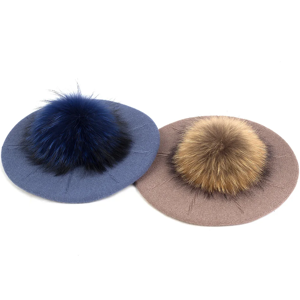 Fashion Elegant Sweet Women Beret Warm Winter Autumn Hat Lovely Ladies Party Hats Cap with 15 cm Real Fur Pompom Female Gift