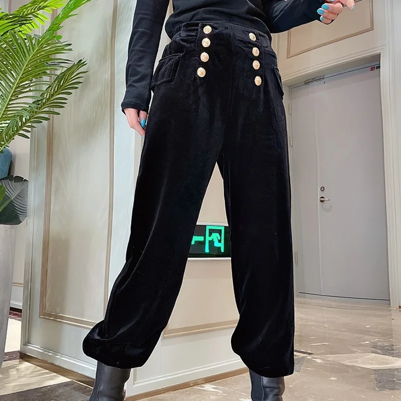 Style Korean Black Golden Velvet Cargo Pants Womens Pockets Loose High Waist Casual Pants Single Breasted Fashion Harem Pants