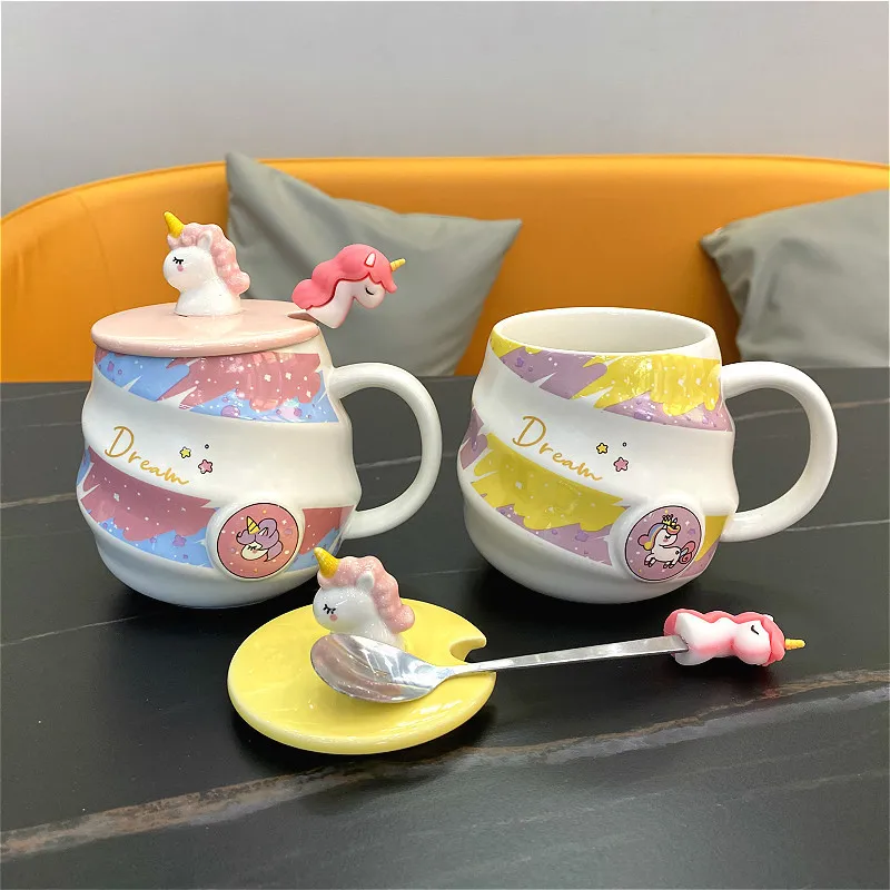 Cute 3D Unicorn Ceramic Mug With Lids Spoon Coffee Cups Lovely Mug Couple Creative Girl New Year Christmas Drinkware Gift