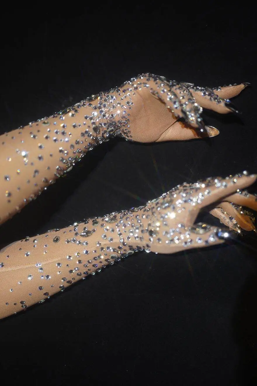 Luxurious Stretch Rhinestone Gloves Women Sparkling Crystal Mesh Long Perspective Gloves Dancer Singer Stage Wear Accessories