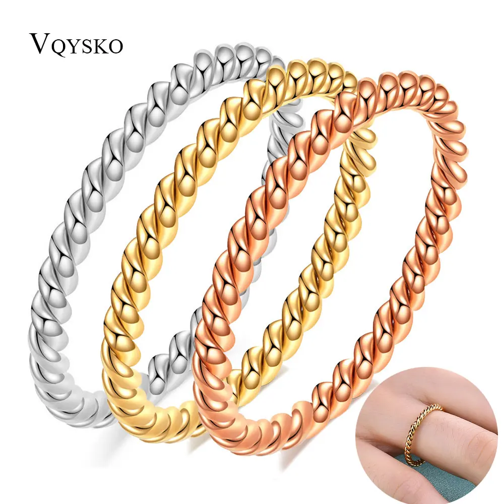 Damen-Ring mit dünnem Spiraldrahtseil, gedreht, kleiner minimalistischer Edelstahl-Schmuck, modisch, Roségold, Silber, Farbe, Größe 4 bis 11