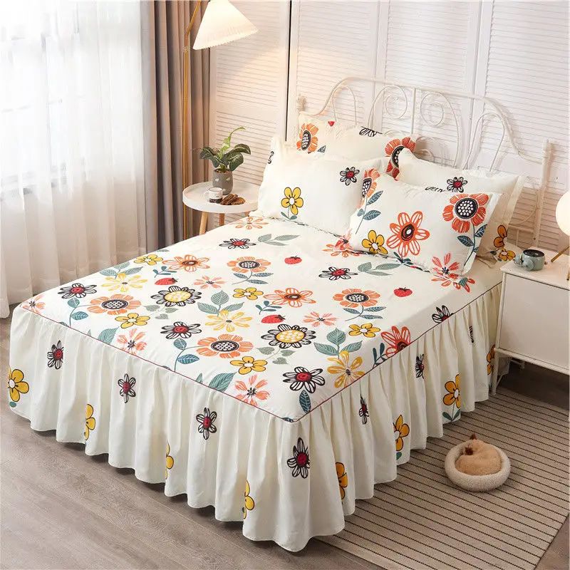 3pcs Set Soft Sanding Bedspread 1pc Printing Bed Skirt +2pcs Pillowcase Twin King Queen Size Bed Cover Wedding Bed Skirt