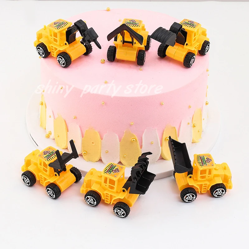 Baby Birthday Cake Decoration, Engineering Truck, Excavator Layout, Party Dessert Table, Bulldozer Decoration, Plug-in, 6Pcs Set