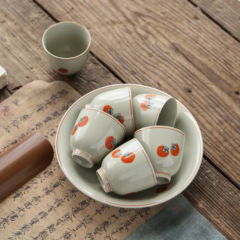 Hand Painted Persimmon Tea Cup Kung Fu Tea Set Ceramic Fragrance-Smelling Cup Antique Grass and Wood Gray Single Cup