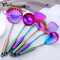 1pc Rainbow Kitchen Tool Stainless Cooking Server Long Handle Kitchenware Matt Spatula Slotted Turner Steel Kitchen Accessories