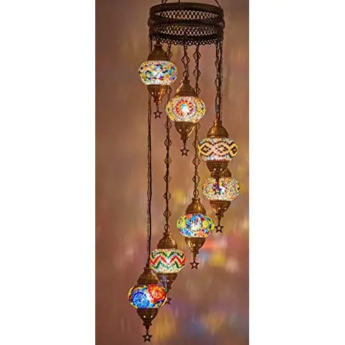 LaModaHome English Moroccan Mosaic Hardwired OR Swag Plug in Chandelier Light Ceiling Hanging Lamp Pendant Fixture (7x4.5 