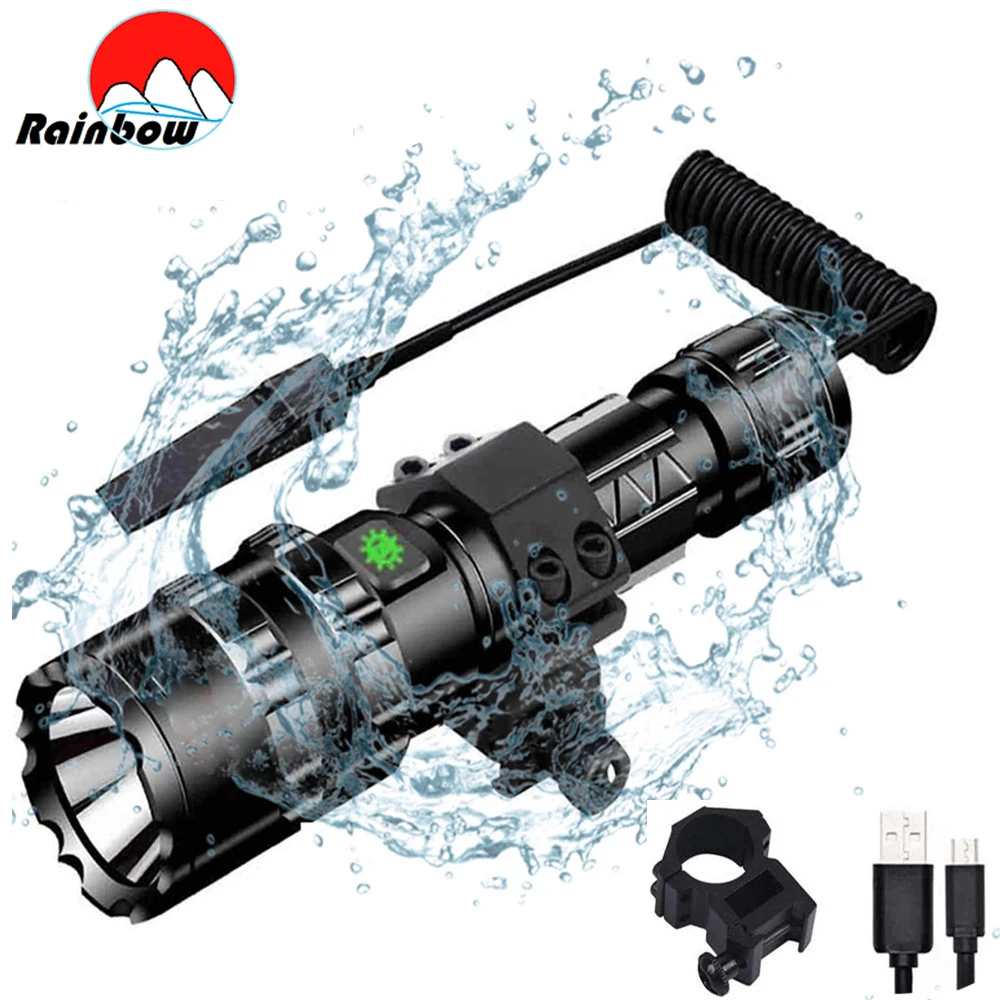 Powerful LED Flashlight L2 Tactical Torch White/Green/Red with Pressure Switch Mount Light 5 Modes Outdoor Hiking Torch