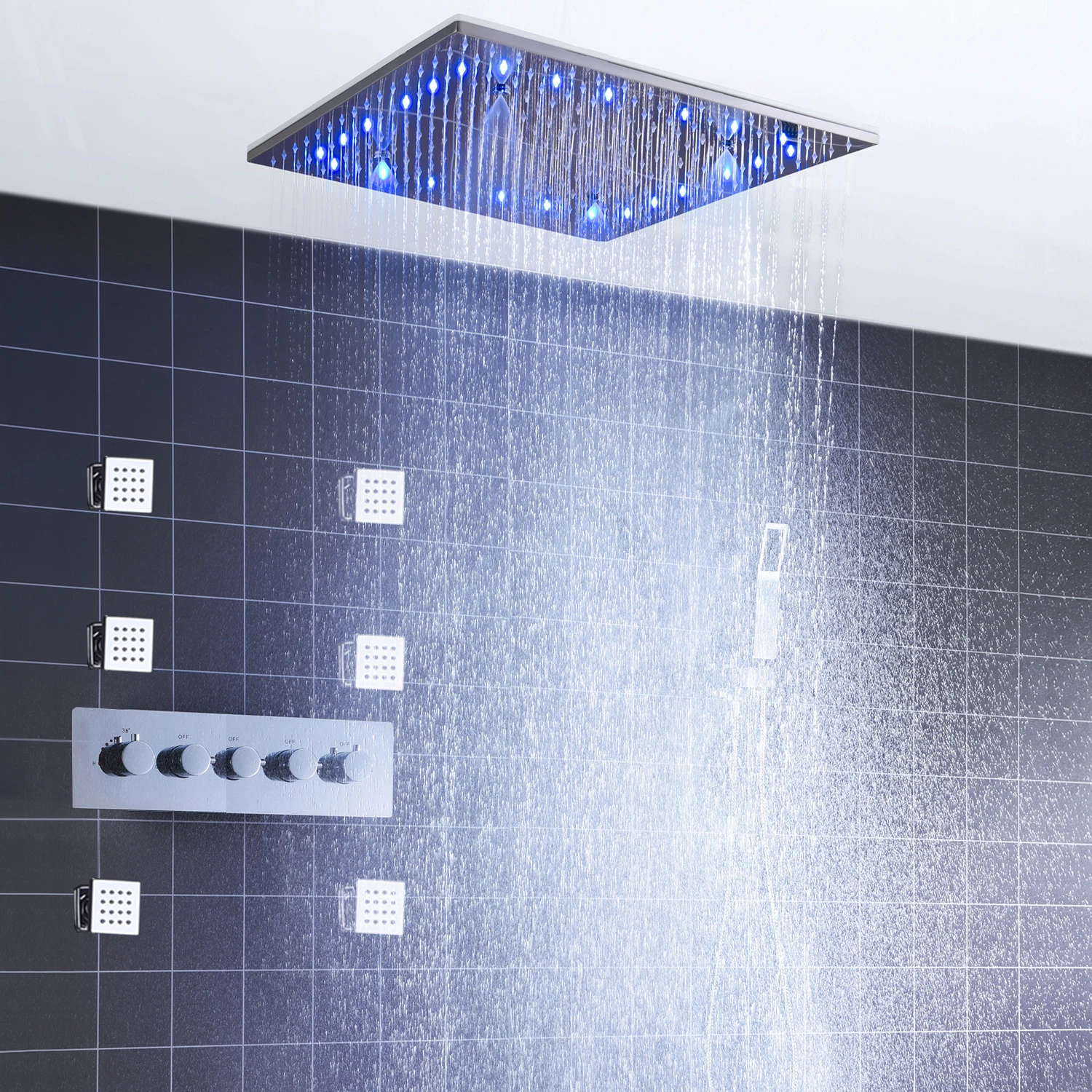 Bathroom Big 20inch Square Shower Head 500x500mm Rain Mist Thermostatic Diverter Mixer LED  SPA Shower Set 2 Inch Lateral Jets