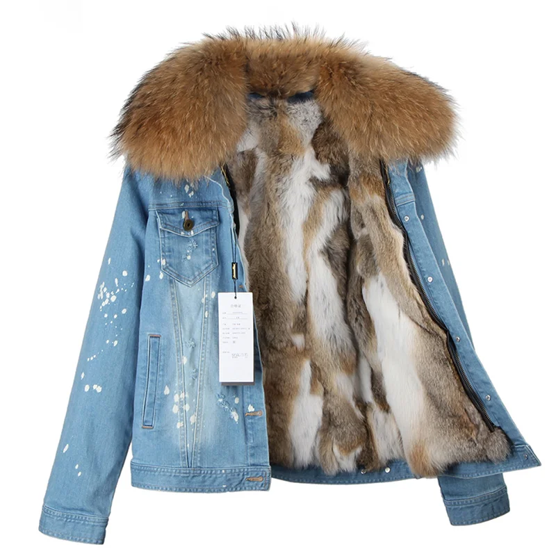 

MAOMAOKONG Brand 2023 New Women Coat Girl Denim Jacket Real Rabbit Fur Thick Lining Raccoon Fur Collar Bomber Jacket Warm