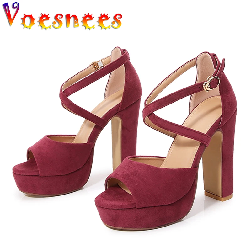 Summer New Vintage Corduroy Square Heel Women Shoes Peep Toe Cover Heel Simple Buckle Solid Color High Heel Sexy Party Sandals