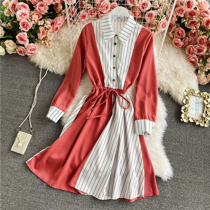 Frühling Herbst Luxus Hohe Taille Vintage Party 2022 Hemd Kleid Langarm Elegante A-Line Boho Kleider Frauen Gestreiften Patchwork