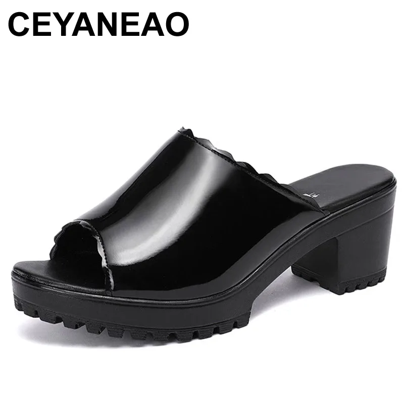 

CEYANEAOPlus Size32-43Medium Heel Platform Slippers Women Wedding Shoes Summer Patent Leather Slippers Ladies Slides for Office