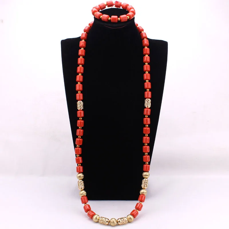 

4ujewelry Men Coral Beads Artificial Coral Beads For Nigerian Wedding Long Necklace and Bracelet African Jewelry Set 2023