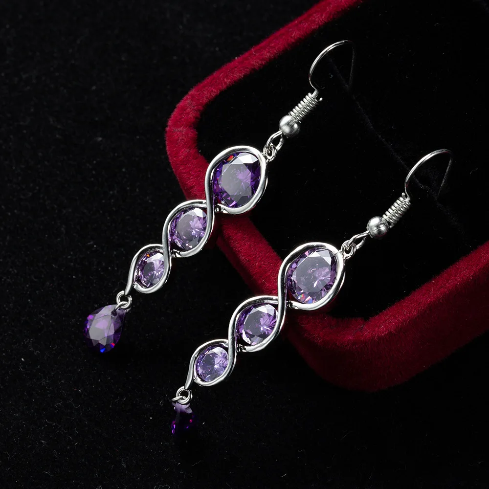 New Trendy Female Jewelry 925 Silver Needle Stackable Round Circle Long Tassel Purple Zircon Crystal Earrings For Women Gift