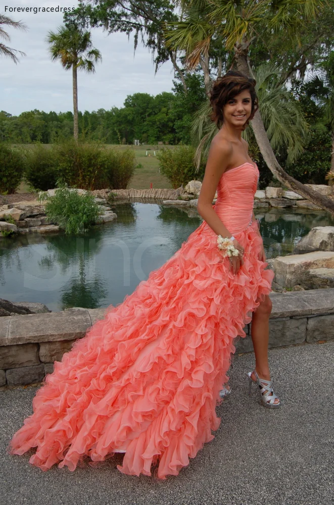 Vestido de festa baixo com contas, vestido sexy de organza com cor coral, com amor