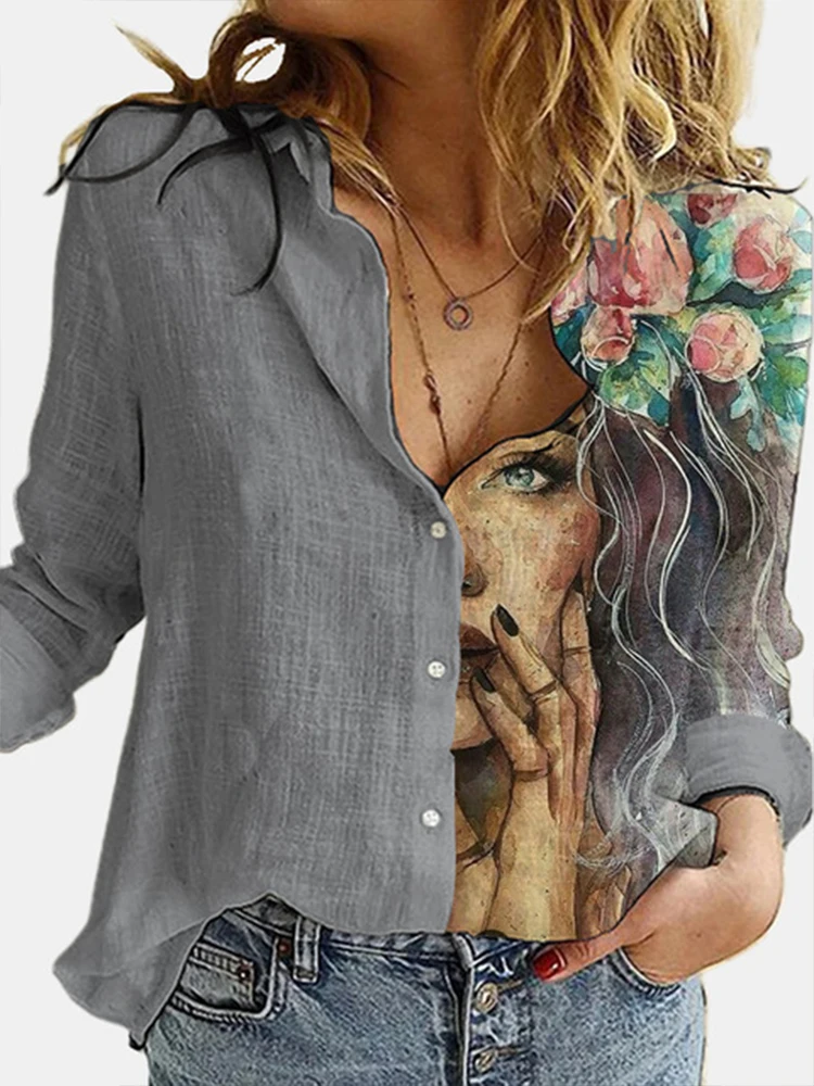 Fashion Stitching Retro Face Print Long Sleeve Blouse Women 2024 Spring Lapel Button Casual Top Lady 3XL Cotton Polyester Shirts