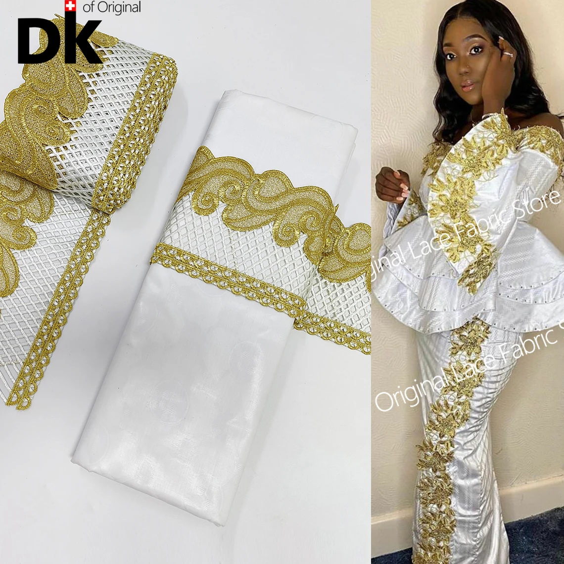 5+5 Yards White And Gold African Lace Fabric 2023 High Quality Lace Ribbon For Crafts With Basin Riche  Nigeria Dresses