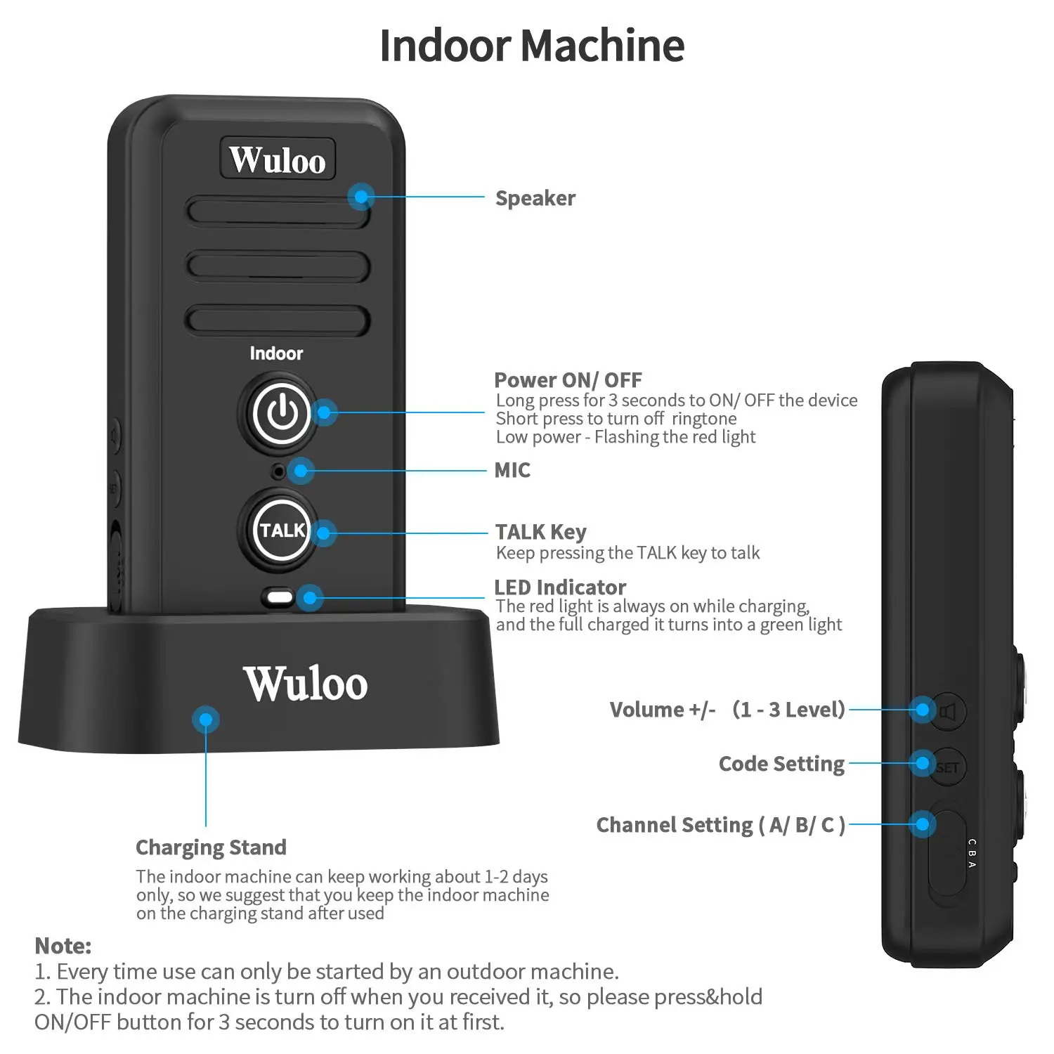 Wuloo Wireless Doorbells Intercom System 1/2 Long Mile Range Adjust Volume Rechargeable Doorbell Receiver Waterproof Ring