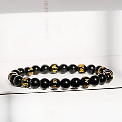 Charm Buddhism OM Rune Beaded Bracelet Homme Men Elastic Bright Black Stone Wood Chakra Bracelets Men Erkek Bileklik