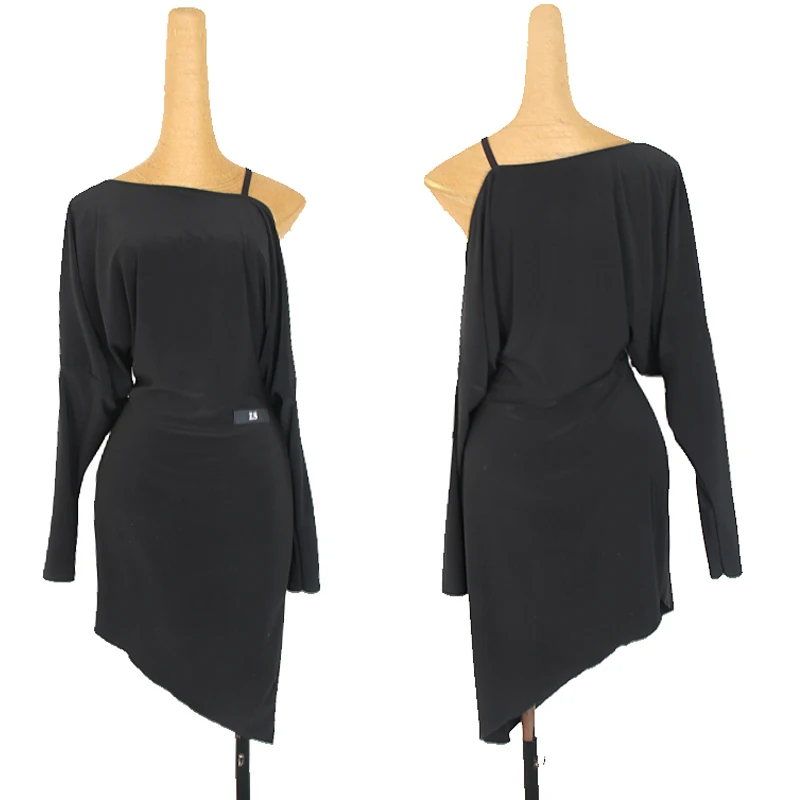 Latin Dance Dress Women Long Sleeve Practice Dress Black Strapless Samba Rumba Salsa Dancing Clothes Ladies Tango Wear DNV14431