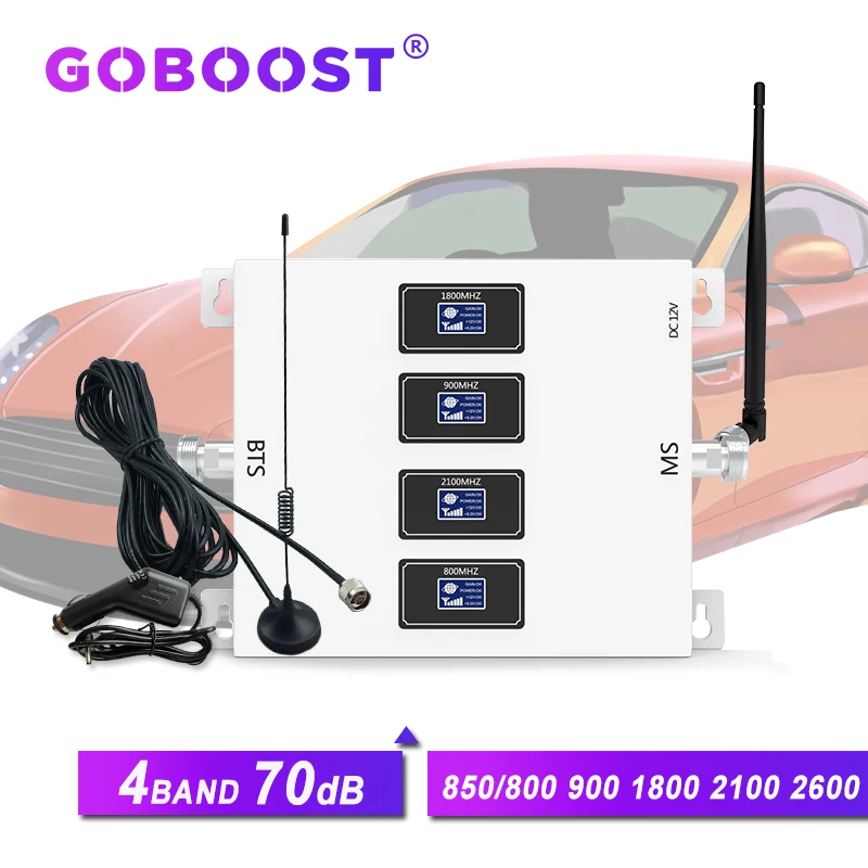 GOBOOST 70dB 4-band Car Mobile Signal Booster 4G LTE 800 GSM 900 1800 2100 Repeater 3G 850 LTE 2600 Signal Booster For Car RU BR