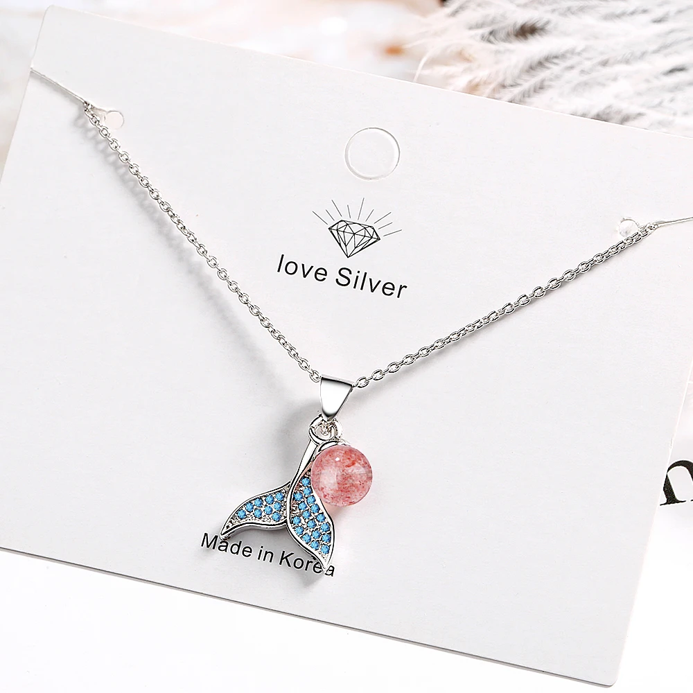 Romantic 925 Sterling Silver Blue Zirconia Mermaid FishTail Necklace For Women Natural Strawberry Crystal Jewelry S-N450 image 3