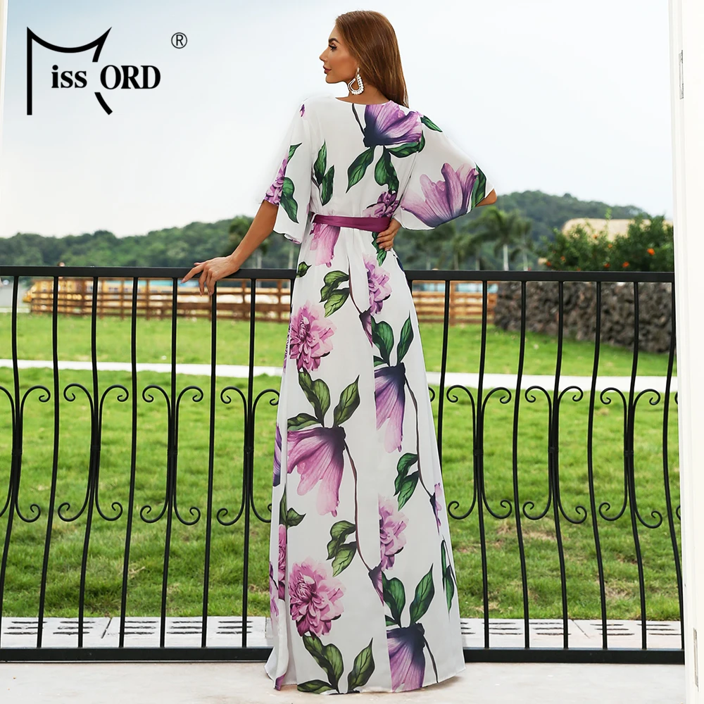 Missord Summer Women Long Dress Floral Print Short Butterfly Sleeves V Neck Belted Boho Beach Holiday Casual Dresses