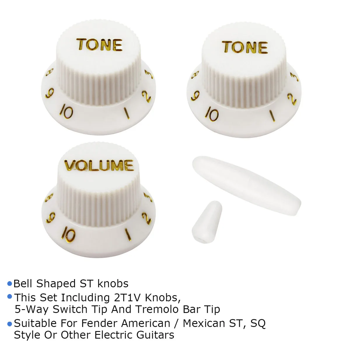 FLEOR Set of ST Electric Guitar Knobs 2T1V Tone Volume Control Whammy Bar Tip 5-Way Switch Tip White Color