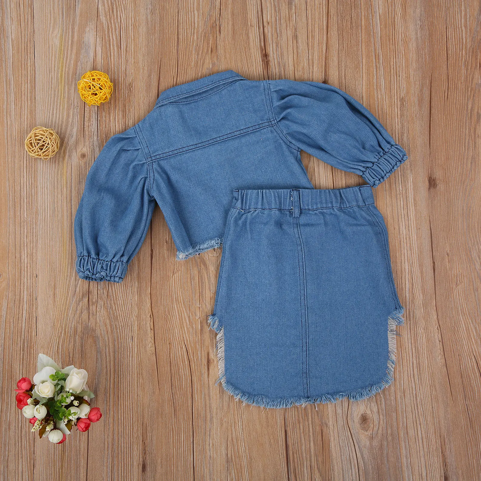 1-6Y Fashion Infant Baby Girls Clothes Sets Denim Blue Long Puff Sleeve Single Breasted Jacket Tops+Pencil Skirts 2pcs