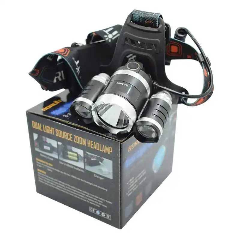 10000 Lumens 3 LED Headlamp Forehead Flashlight Head Torch Light Rechargeable Headlight by 18650 Battery For Camping Fishing