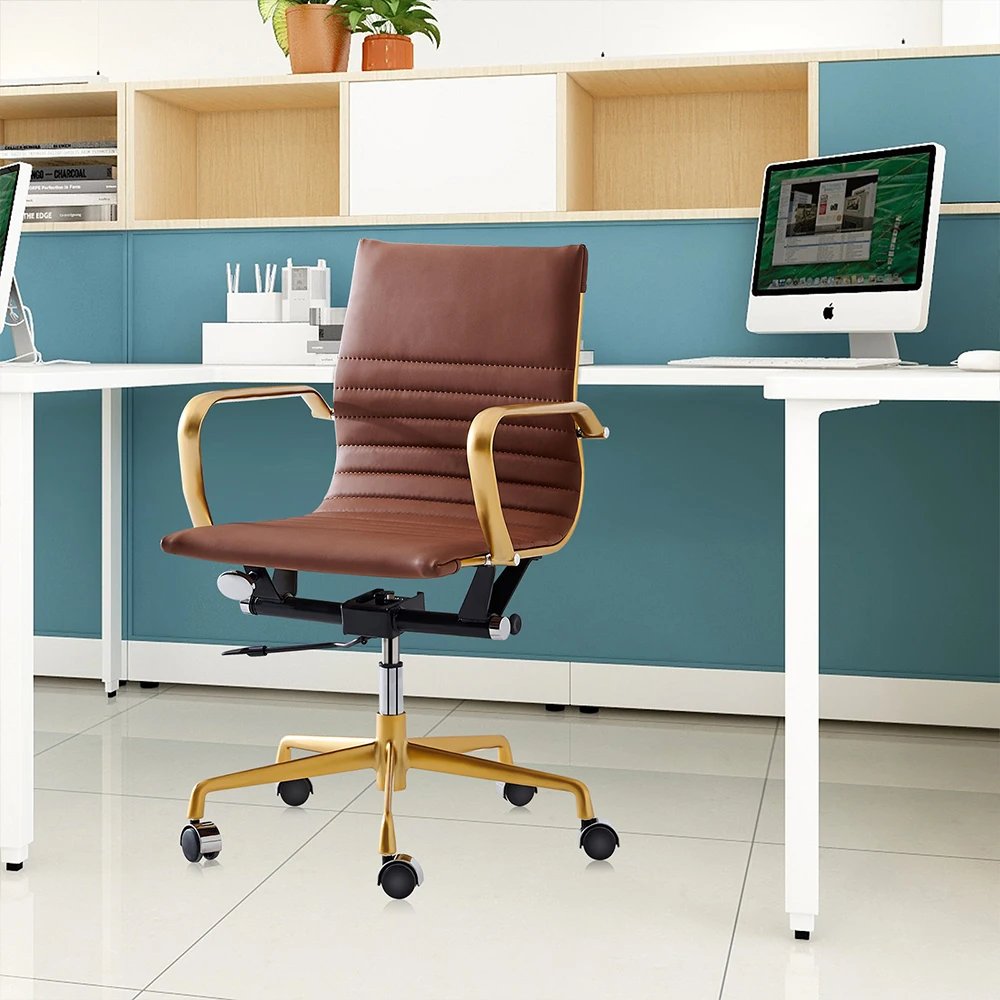 PU Leather Office Computer Chair Home Simple Lifting Study Swivel Art Backrest Brown Multiple Scenes Comfortable Safe[US-Stock]