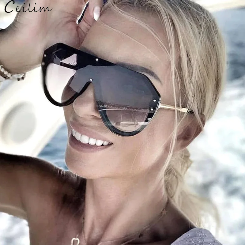 

2024 New Fashion Oversized One Piece Sunglasses Women Brand Designer Vintage Rivet Square Sun Glasses Big Frame Female Shades