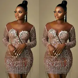 Off Shoulder Lace Cocktail Dresses Plus Size Long Sleeve Mini Party Gowns with Tassels Short Prom Dress Club Wear