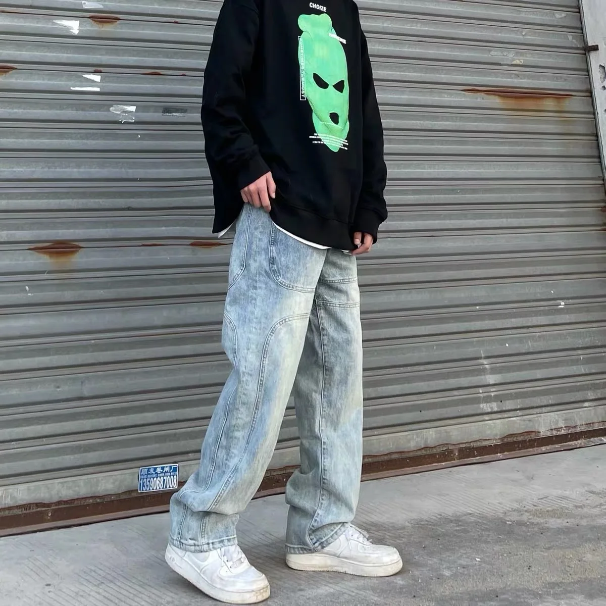 ICCLEK 2021 Street Hip-hop Retro Jeans Men's Loose Straight Trousers Men Clothing  Bell Bottom Jeans  Baggy Jeans