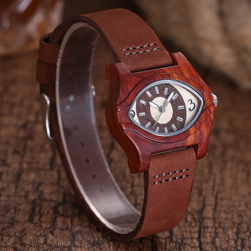 Creative Eye Shape Women Ladies Watch Simple Wood Leather Band Quartz Wrist Watch  horloges relojes mujer montres for gift