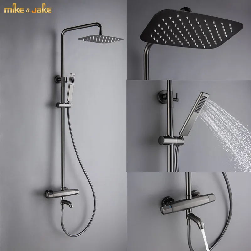 Luxury thermostatic bathroom Gunmetal shower mixer brushed gray bath shower kit rainfall Frosted metal constant shower set