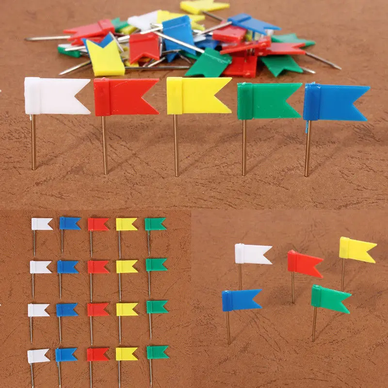 100Pack Red+Blue+White+Yellow+Green Flag Marker Shape Map Pins Cork Notice Board Push Assorted Office&Home Using