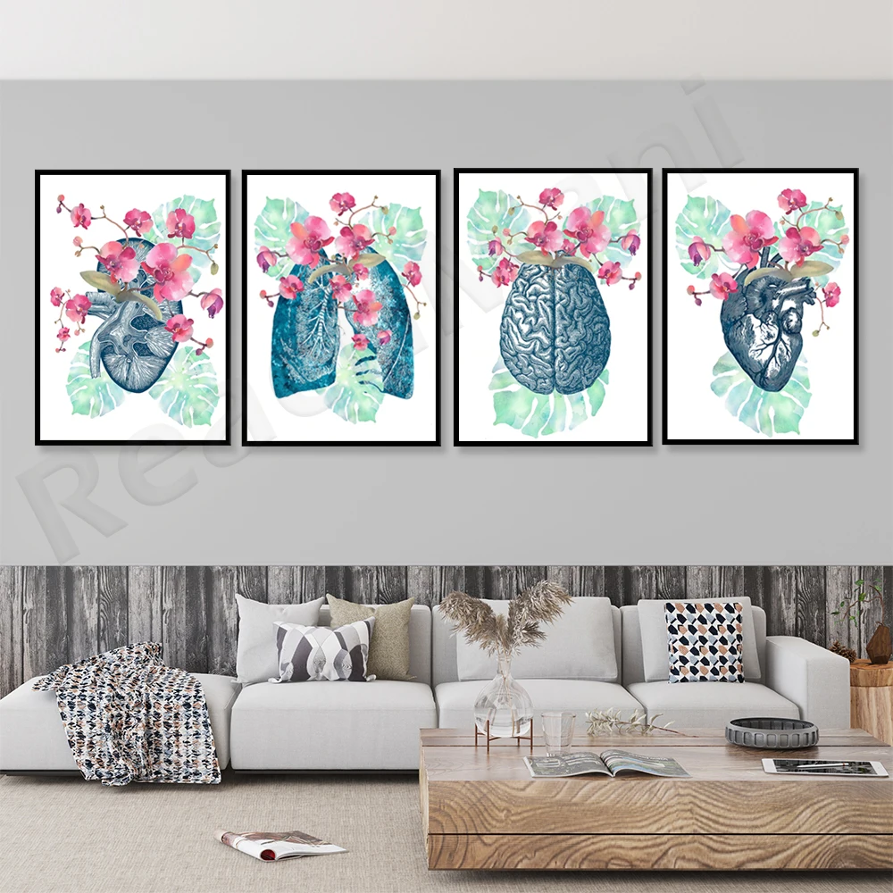 Flower anatomy chart 5-piece set, watercolor internal organs, medical art, anatomy and flowers, clinic wall printing, doctor gif