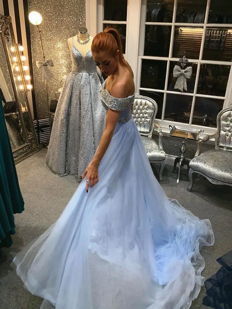 Sparkly Crystals Beads Mermaid Evening Dresses 2021 Off Shoulder Sweep Train Formal Party Prom Gowns Custom Size Robe De Mariee