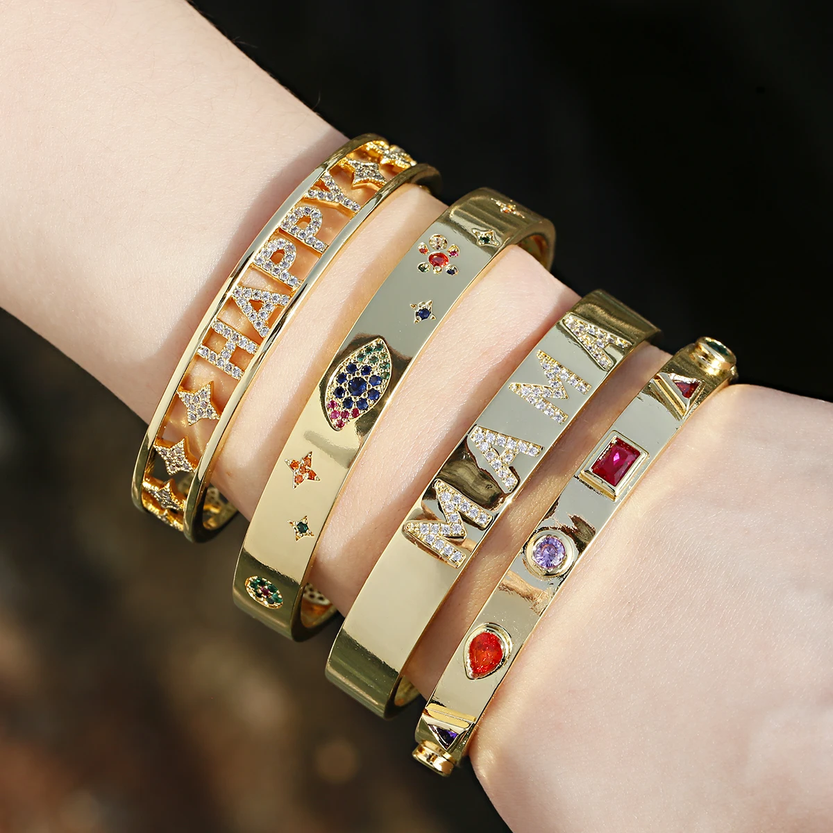 Luxury Zircon Crystal Hollow Gold Color Bangle Bracelet For Women Classic Star Evil Eye Bracelets Rhinestone Mother\'s Day gift