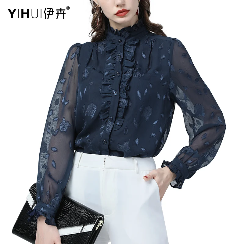 Mesh Sleeve Chiffon Shirt Women New Embossing Flower Stand Ruffled Neck Single-Breasted Tops Loose Elegant Spring Summer Blouses