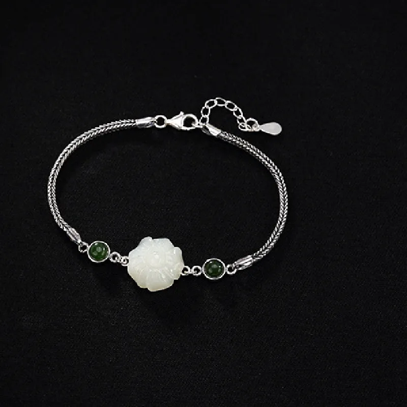 

S925 Sterling Silver Vintage Inlaid Natural Hetian Jade White Jade Plum Blossom Jasper Beads Embellished Ladies Bracelet