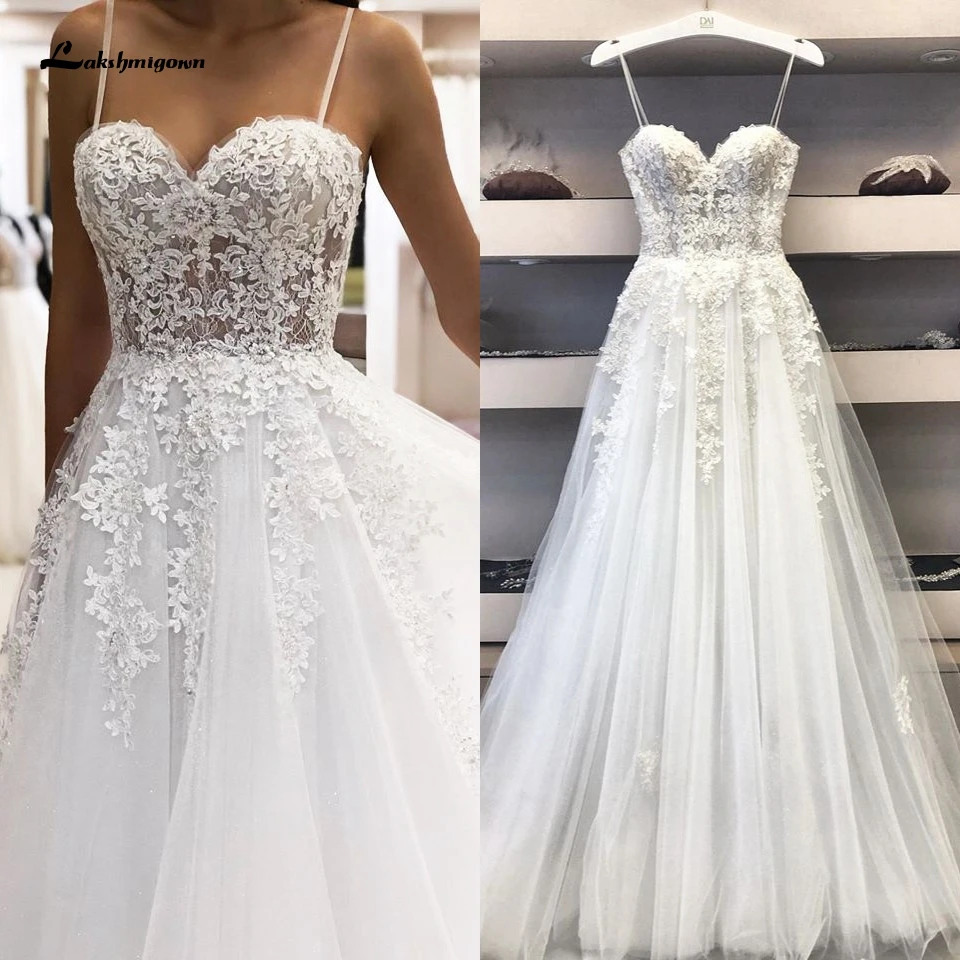 2021 Trouwjurk 섹시한 라인 웨딩 드레스 스파게티 스트랩 빈티지 레이스 아플리케 화이트 Tulle Mariage Long Bridal Dress