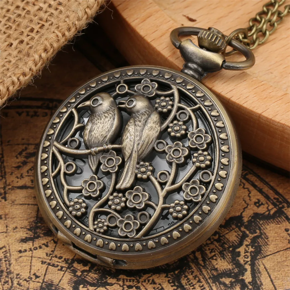 Exquisite Bronze Hohl Vögel Design Quarz Taschenuhr Halskette Anhänger Uhr Retro Stilvolle Pullover Kette Antike Uhren