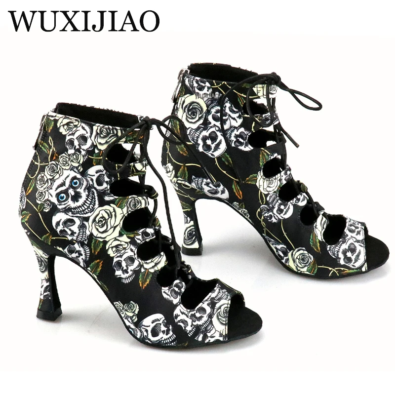 WUXIJIAO-zapatos de baile de salón profesionales para mujer, calzado de baile latino con tacón de 9cm, calavera de Halloween y Salsa